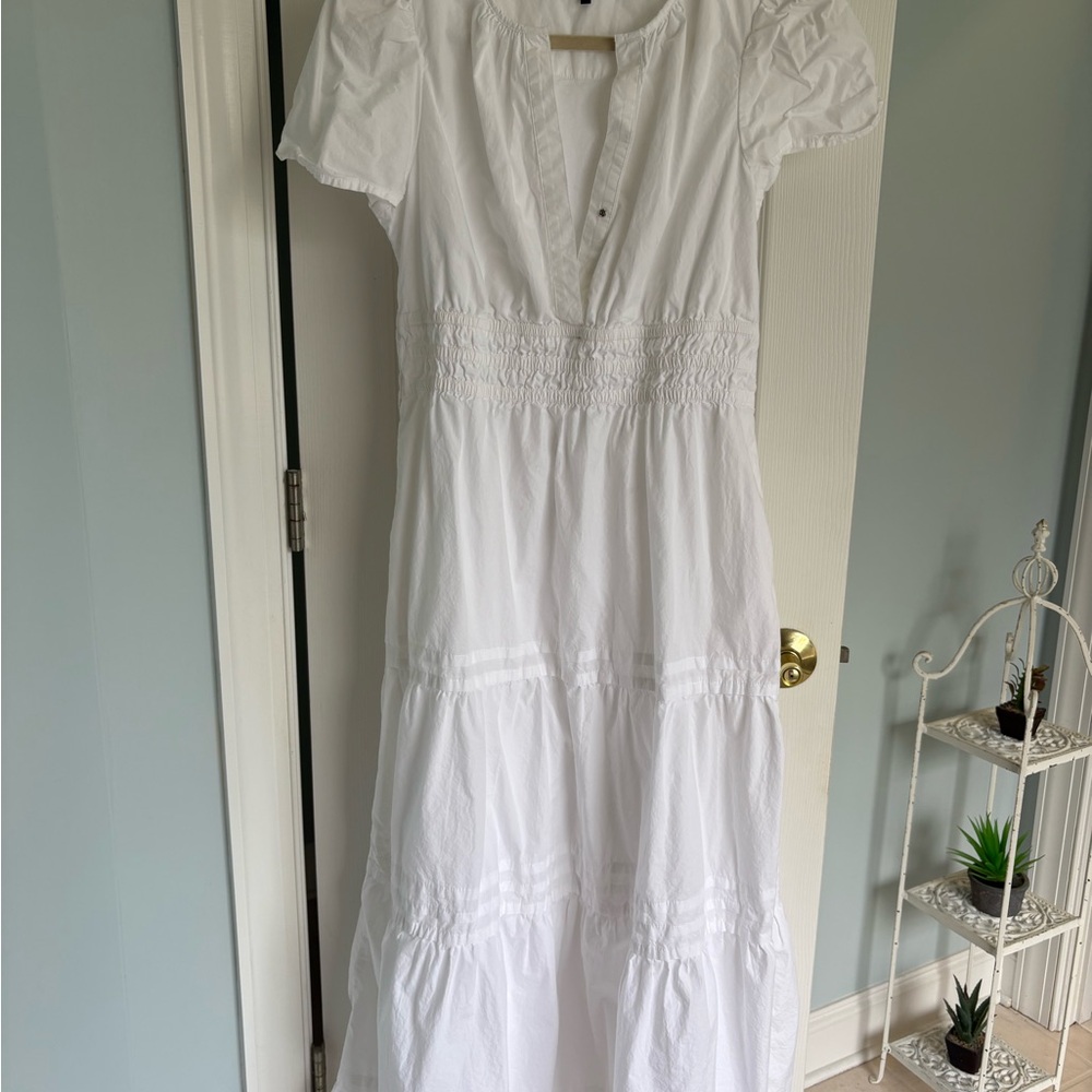 Quince White Smocked Puff Sleeve Maxi Dress
